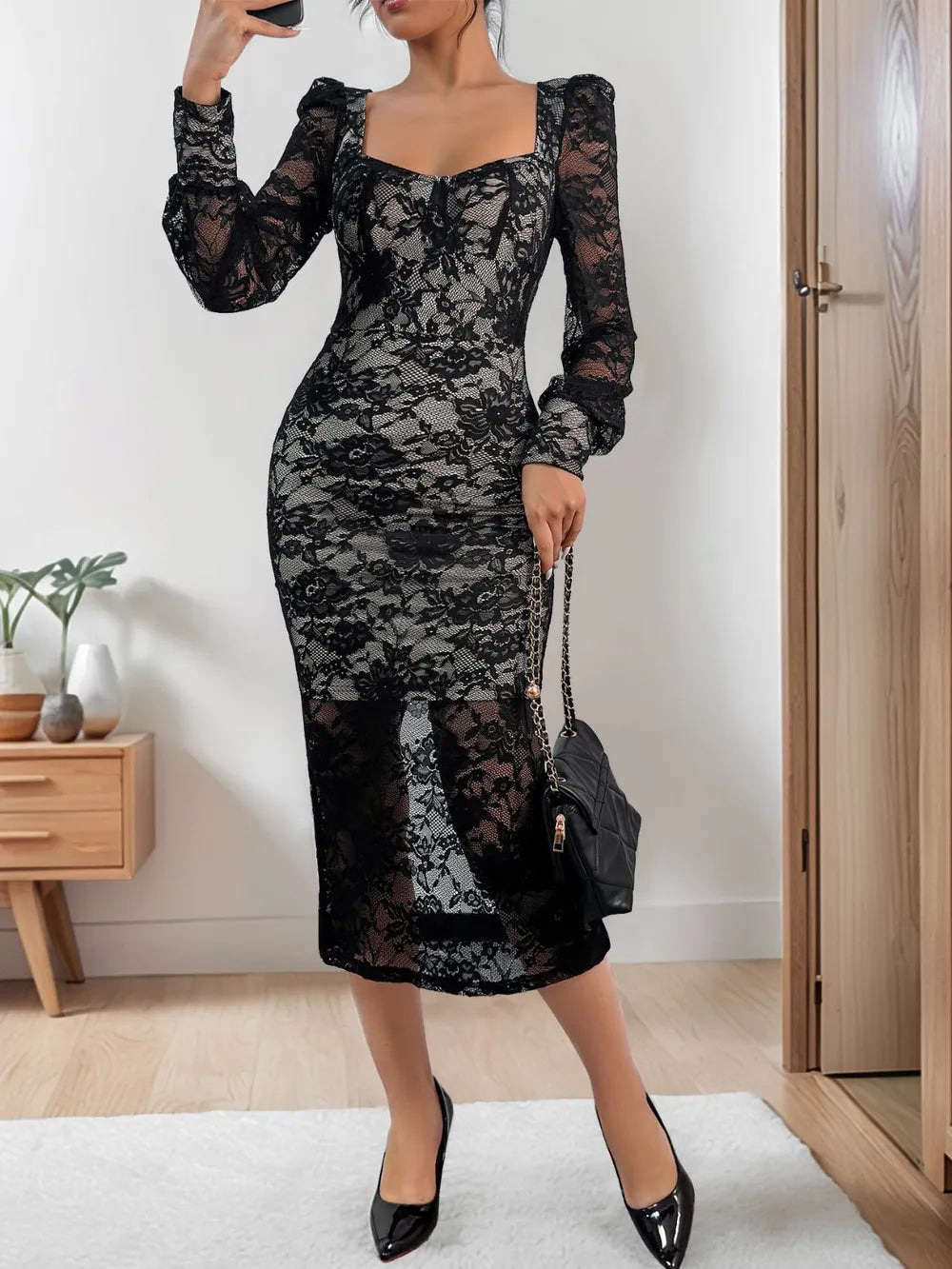 Perfee Lace Sweetheart Neck Long Sleeve Midi Dress – Valora Surge