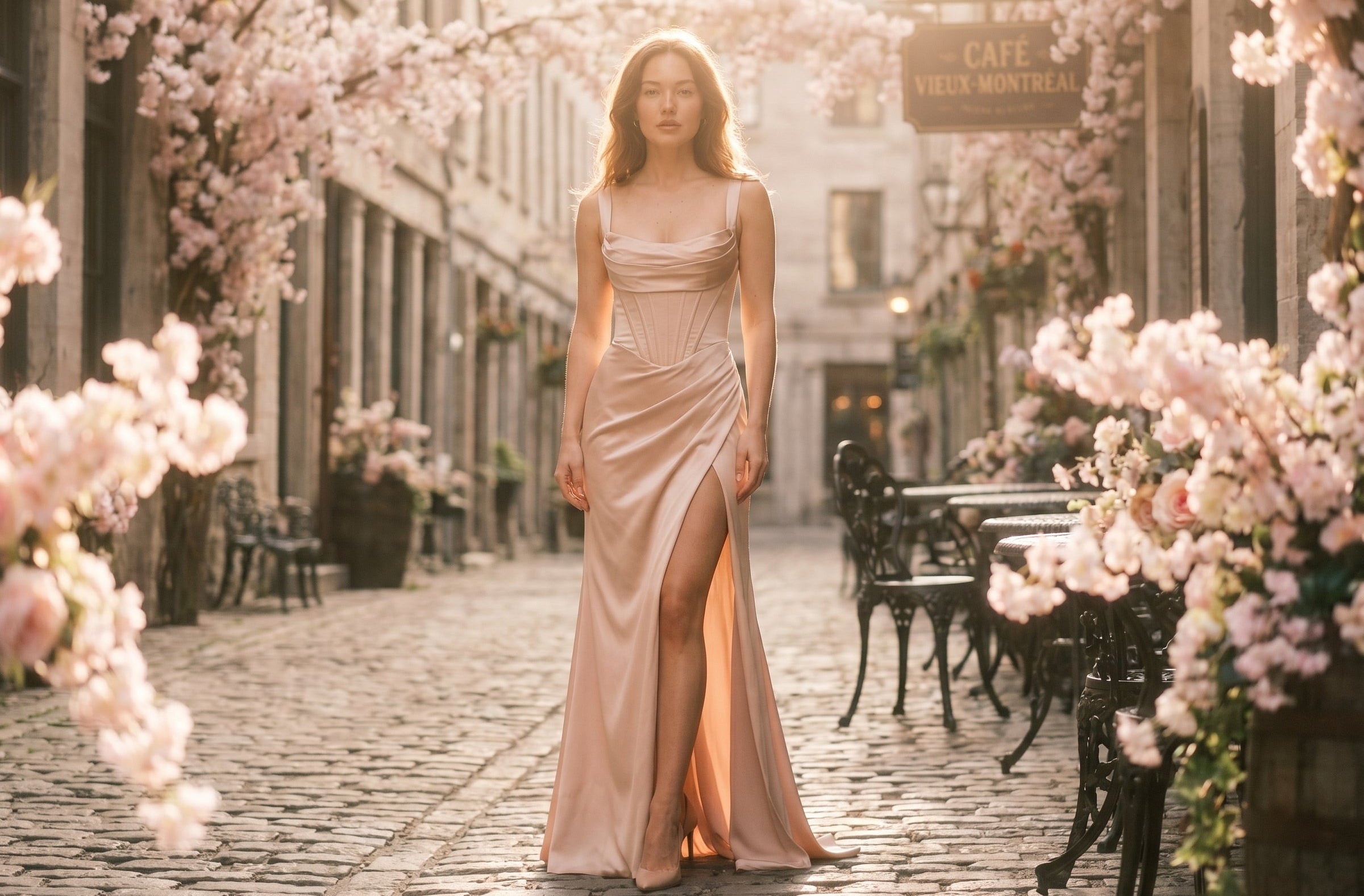 Woman in a pink dress standing in a blossoming street with cafes and tables.