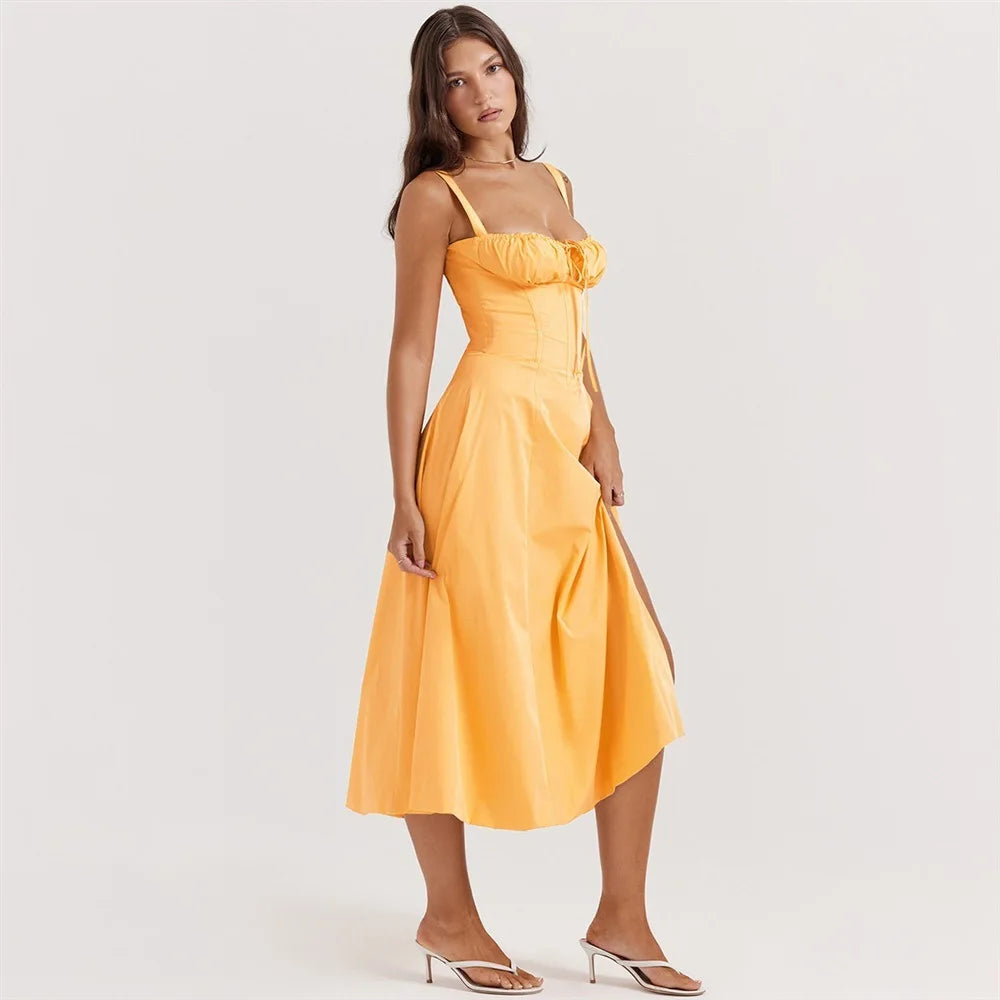 Sexy Pink Corset Midi Sun Dress Women's Lace Up Slit Dresses Female Bandage Sundress White Black Blue Yellow Red 2025 Summer New