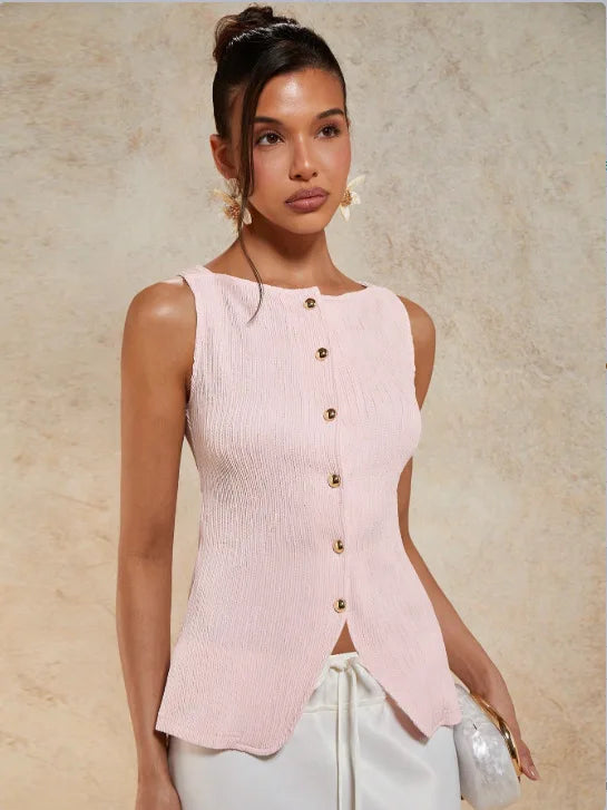 Gold Single-Button Sleeveless Knitted Vest Top Cross-Border Style Elegant Commute Fashion for Women in 2026 Spring Season
