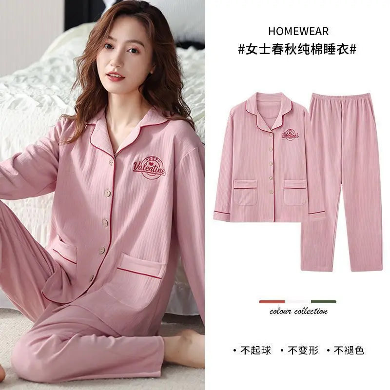 Spring Autumn Loose Long Sleeve Sleepwear Thin Home Clothes Set for Women Cotton Comfortable Home Suit Large Size Options