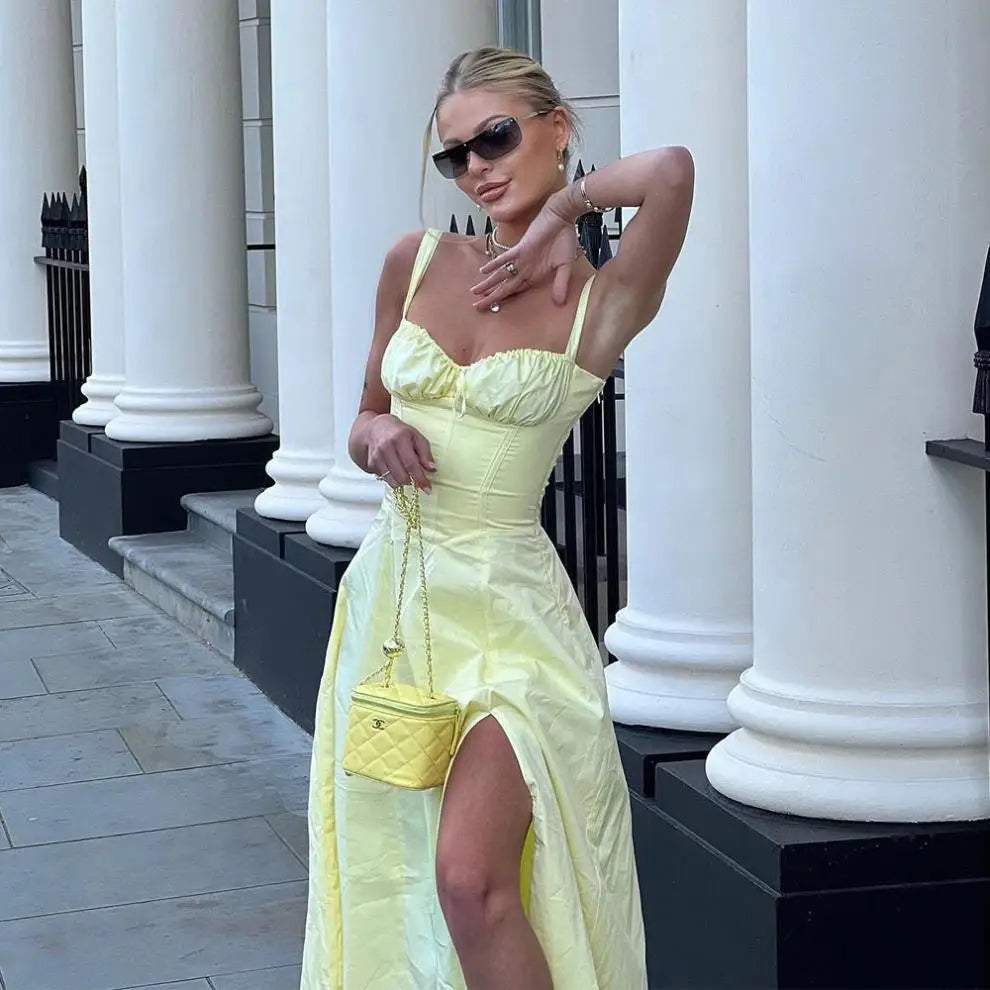 Sexy Pink Corset Midi Sun Dress Women's Lace Up Slit Dresses Female Bandage Sundress White Black Blue Yellow Red 2025 Summer New