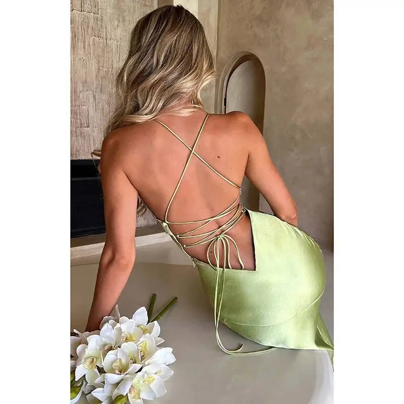 Giyu Sexy Satin Evening Night Club Party Dresses Women Summer Maxi Long Dress Backless Sleeveless Split Bodycon Gown Vestidos