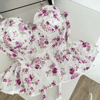 Sweet Spicy Floral Print Crop Top Women's Summer Pure Desire Versatile Bell Bottom Sleeveless Vest Belted Waist Halter Neck