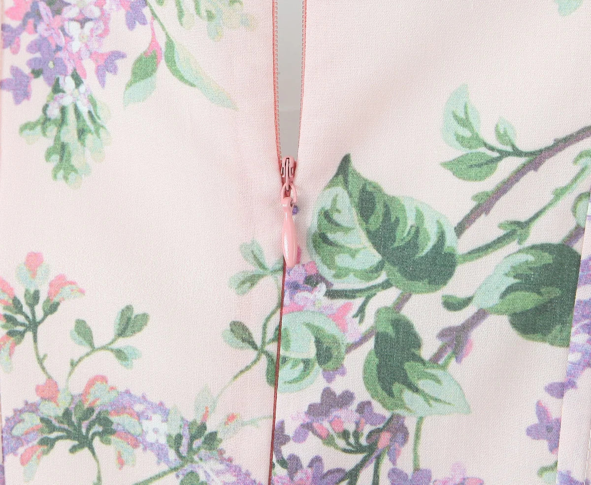 2025 Romantic Pink Floral Print Bow Ruched Bra Chest Sling Dress Women Low Waist Fold Swing Lace Lining Midi Long Dresses Robe