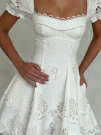 Lace Hollow Mini White Dress Chic Women's Bubble Sleeve Square Neck A-line Pleated Dress 2026 Women's Holiday Beach Robe