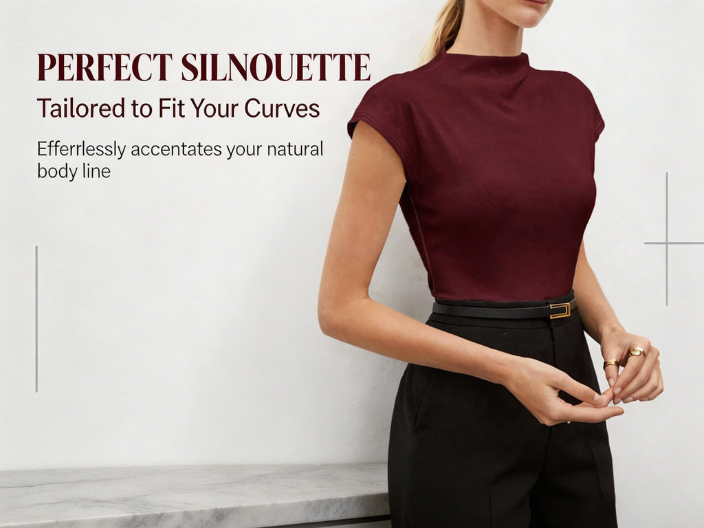 Hot Mock Neck Stretchy Slim Fit Burgundy Cap Sleeve Top, Blouse for Women Office & Daily
