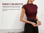 Hot Mock Neck Stretchy Slim Fit Burgundy Cap Sleeve Top, Blouse for Women Office & Daily