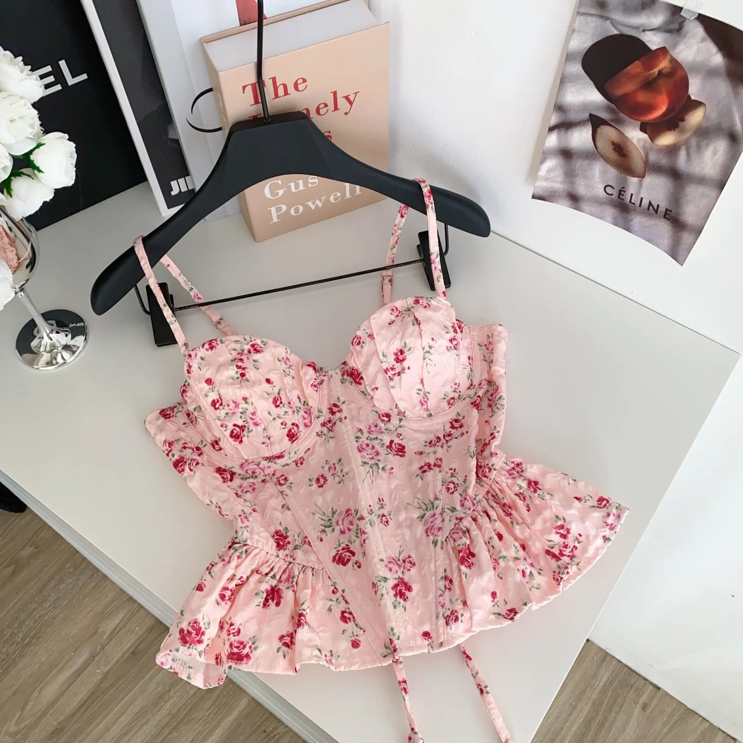 Sweet Spicy Floral Print Crop Top Women's Summer Pure Desire Versatile Bell Bottom Sleeveless Vest Belted Waist Halter Neck