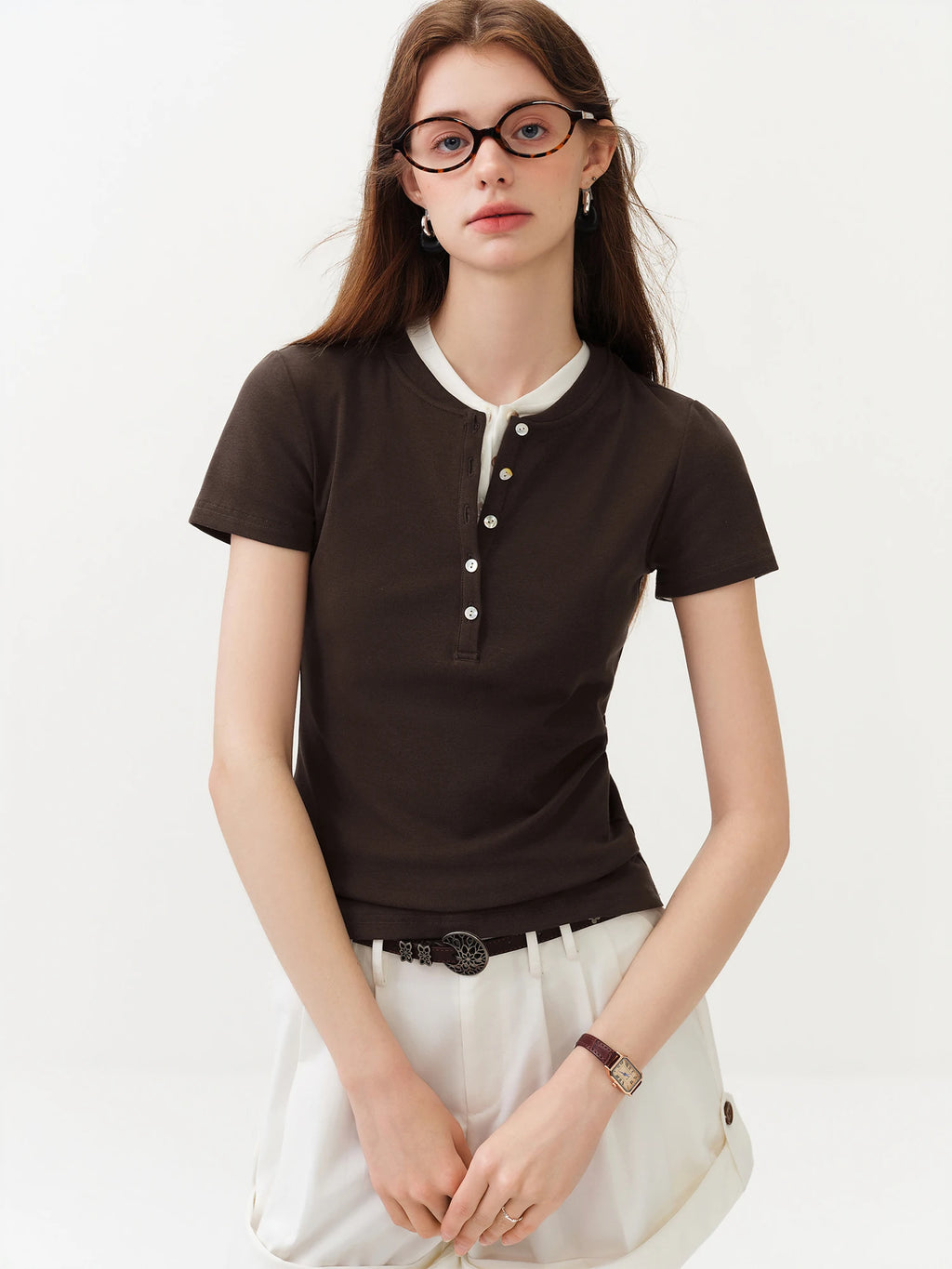 FSLE New Summer Women's Fitted Short Sleeve White T-Shirt with Buttons Soft Cotton Lyocell Office Commute Daily Versatile Top