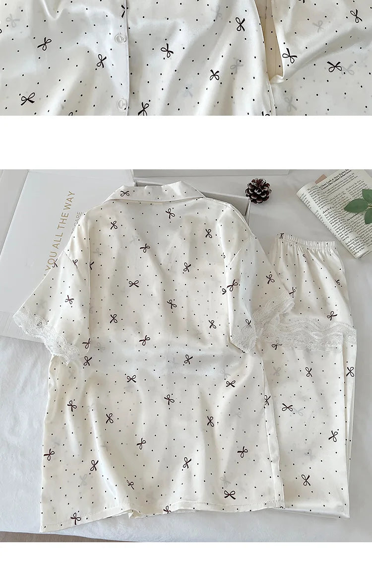 New Korean-Style Elegant Young Ladies' Pyjamas Summer New Arrival Short-Sleeved Polka Dot Bow Ice Silk Pyjama Set Homewear Set