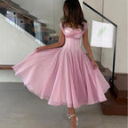 Women's Elegant Tulle Formal Dress Summer Sexy Square Neck Corset Waist A-Line Tea-Length Gown for Wedding Cocktail Party
