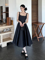 ReddaChic Simple Sleeveless Satin Dress for Women Wedding Guest Ruffled Square Neck Tank Long Dress Graduation Summer Costume