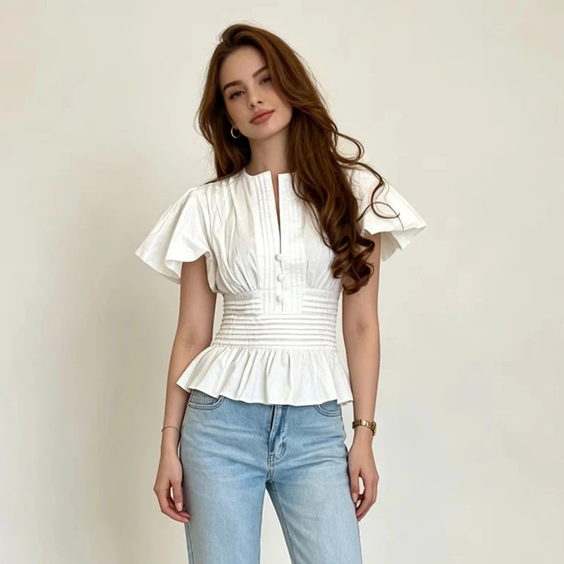 LIMO 2026 Women White Ruffle Sleeve Peplum Blouse V-Neck Elastic Waist Elegant Casual Top