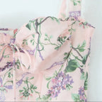 2025 Romantic Pink Floral Print Bow Ruched Bra Chest Sling Dress Women Low Waist Fold Swing Lace Lining Midi Long Dresses Robe