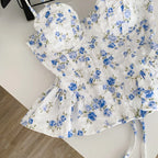 Sweet Spicy Floral Print Crop Top Women's Summer Pure Desire Versatile Bell Bottom Sleeveless Vest Belted Waist Halter Neck