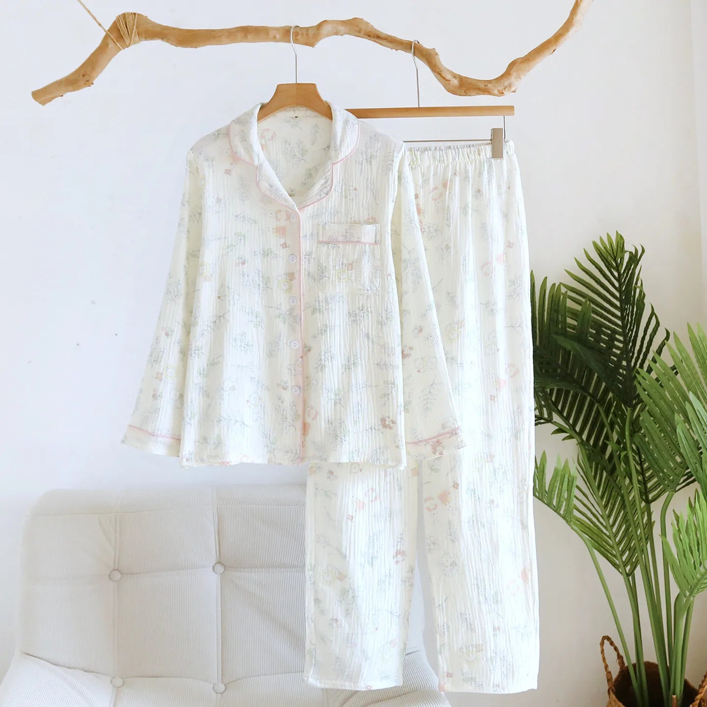 2026 Spring and Autumn New Women's Pajama Set 100% Cotton Crepe Cute Sweet Long Sleeve Long Pants Home Clothes Two Piece Set