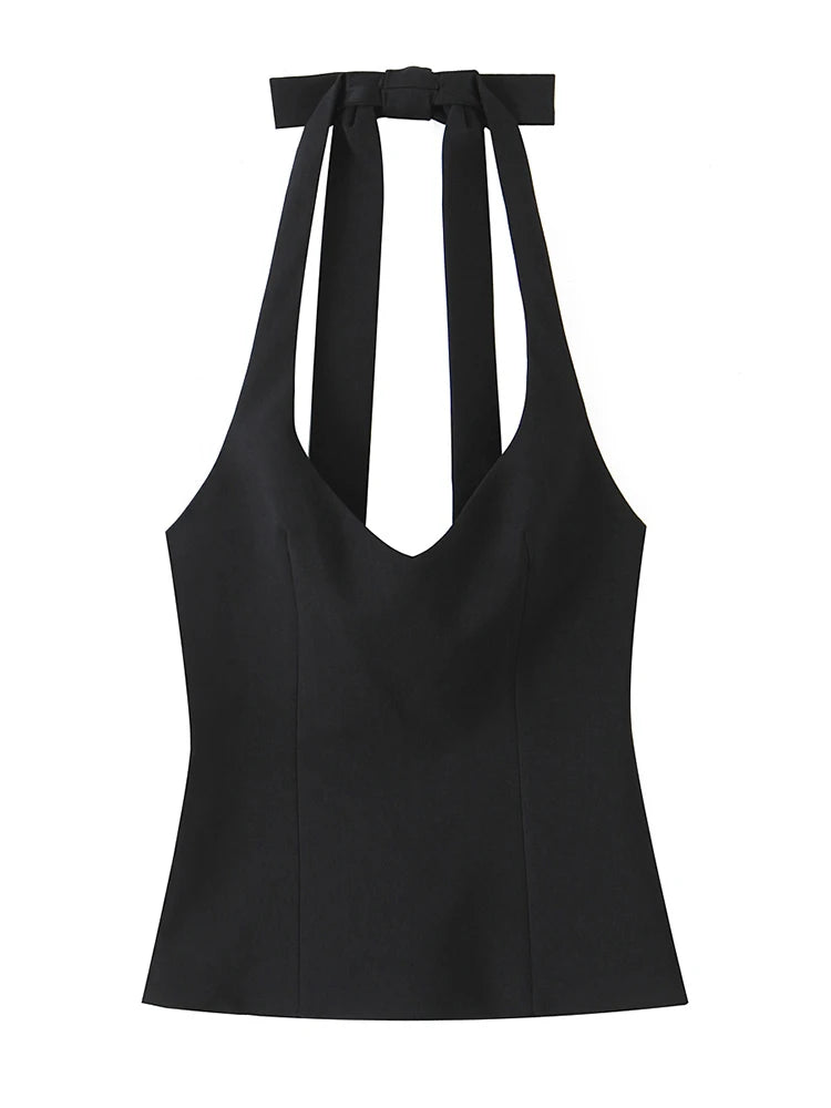 Chu Sau beauty Women New Fashion Sweet Bow Chic Sleeveless Small Tops Vintage Halter V-Neck Sexy Backless Tank Top