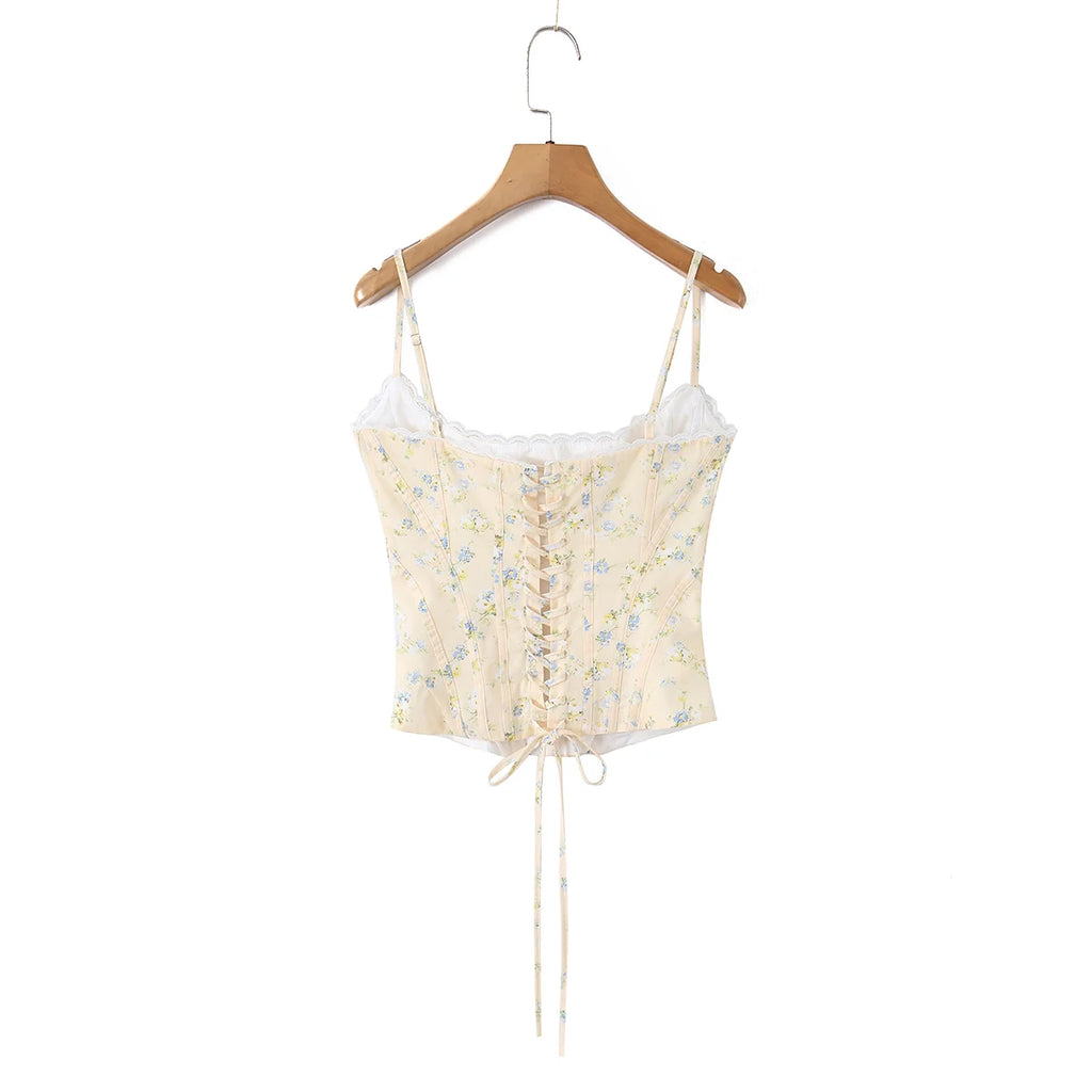 Summer Sexy Corset Yellow Floral Print Tie Bow Strap Camis Women Cross Lacing Up Bandage Bow Back Tank Top Slim Fit Vest Tee