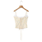 Summer Sexy Corset Yellow Floral Print Tie Bow Strap Camis Women Cross Lacing Up Bandage Bow Back Tank Top Slim Fit Vest Tee