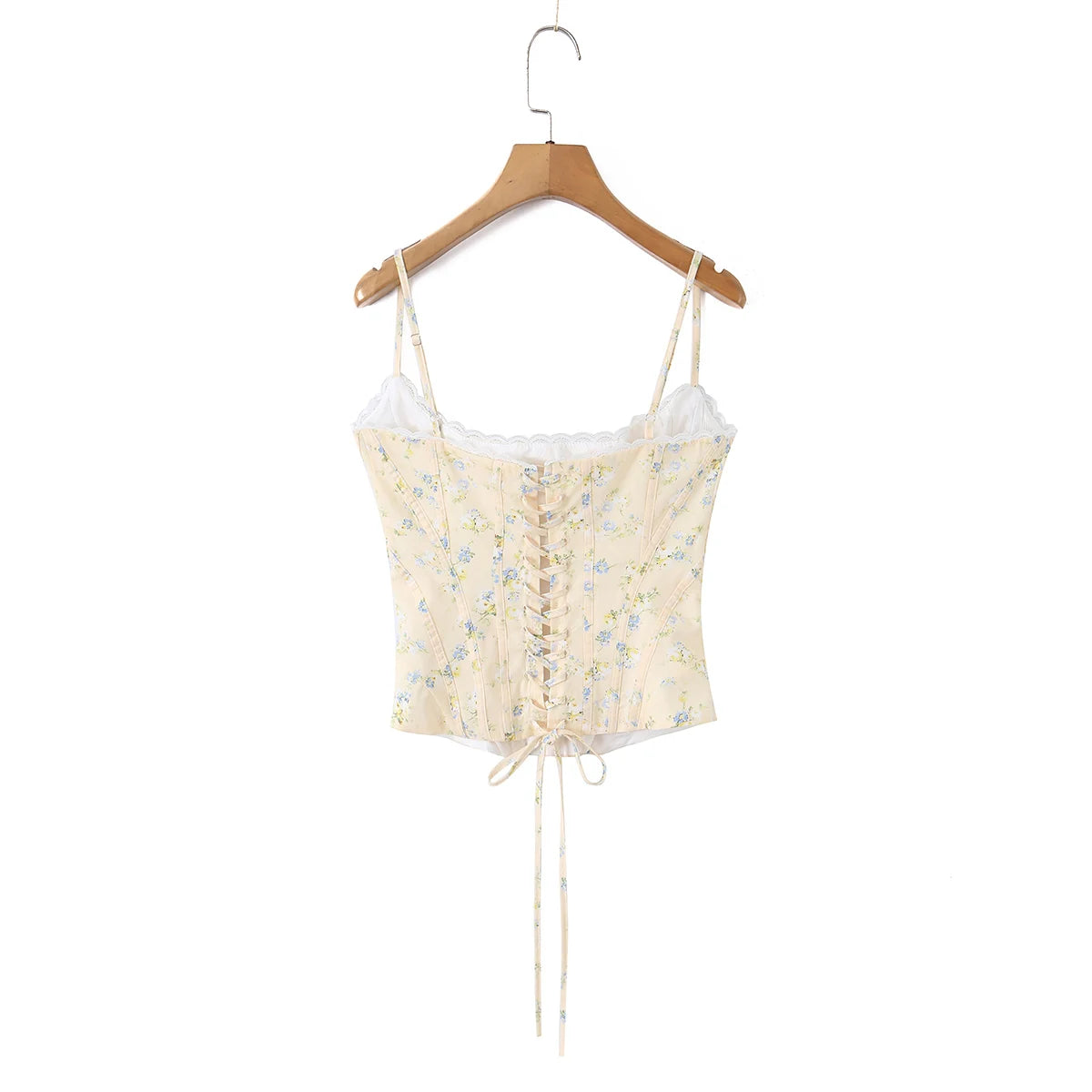 Summer Sexy Corset Yellow Floral Print Tie Bow Strap Camis Women Cross Lacing Up Bandage Bow Back Tank Top Slim Fit Vest Tee