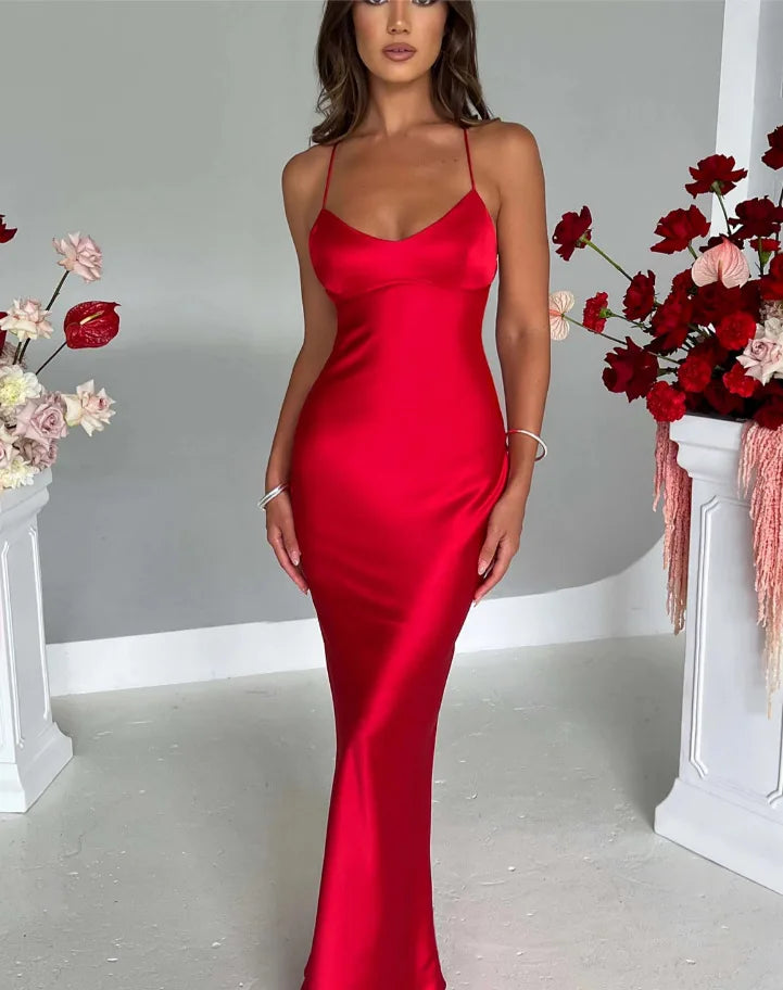 New Fashion Backless Women's Evening Dresses Slash Neck Spaghetti Strap Satin Dress Spring and Summer High Waist Slim Lady Dress