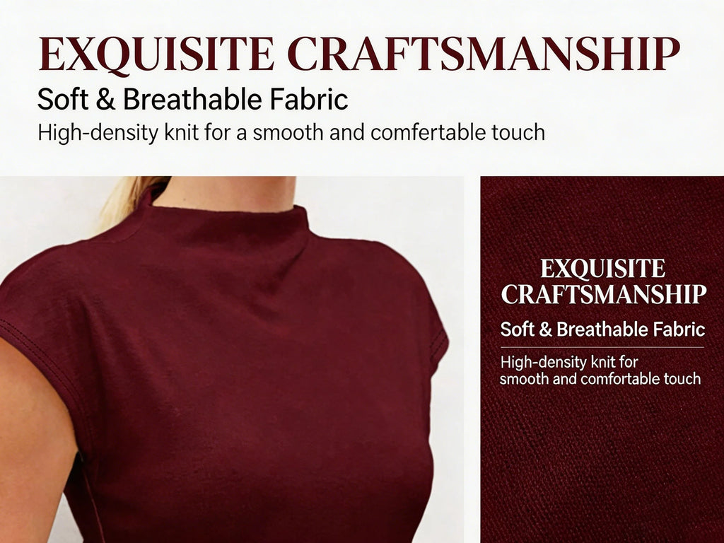 Hot Mock Neck Stretchy Slim Fit Burgundy Cap Sleeve Top, Blouse for Women Office & Daily