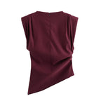 Round neck slim fit tank top with fashionable and sexy slanted edges simple pleats strapless decoration soft padded shoulder top