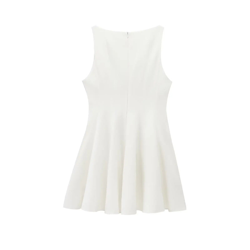 HH Women Summer Sexy Sleeveless Solid Casual Mini Dress Female Vintage Chic High Street Slim Rear Zipper Pleated Dress