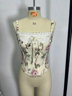 Women's Country Floral Printing Cut-Out Lacing Design Bustier Tops Waistband Sexy Short Underwear Top for Ladies
