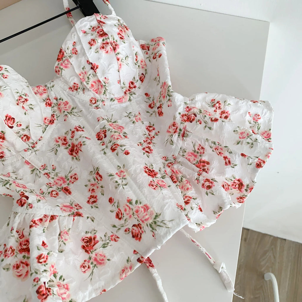 Sweet Spicy Floral Print Crop Top Women's Summer Pure Desire Versatile Bell Bottom Sleeveless Vest Belted Waist Halter Neck