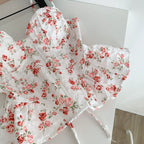 Sweet Spicy Floral Print Crop Top Women's Summer Pure Desire Versatile Bell Bottom Sleeveless Vest Belted Waist Halter Neck