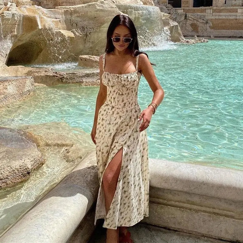 Sexy Pink Corset Midi Sun Dress Women's Lace Up Slit Dresses Female Bandage Sundress White Black Blue Yellow Red 2025 Summer New