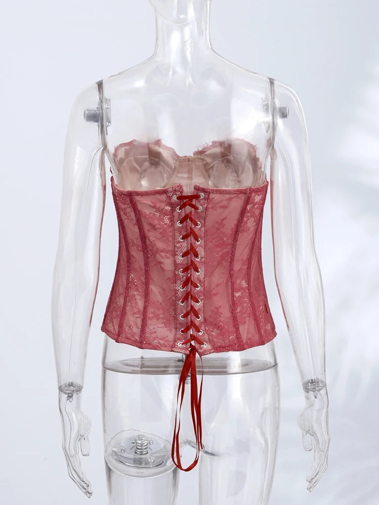 Women's Corset Tops Lace Hollow Out Fishbone Bandage Top Spring Female Waist Cinching Sheath Tube Top Transparent Lady Clubwear