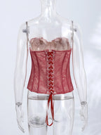 Women's Corset Tops Lace Hollow Out Fishbone Bandage Top Spring Female Waist Cinching Sheath Tube Top Transparent Lady Clubwear