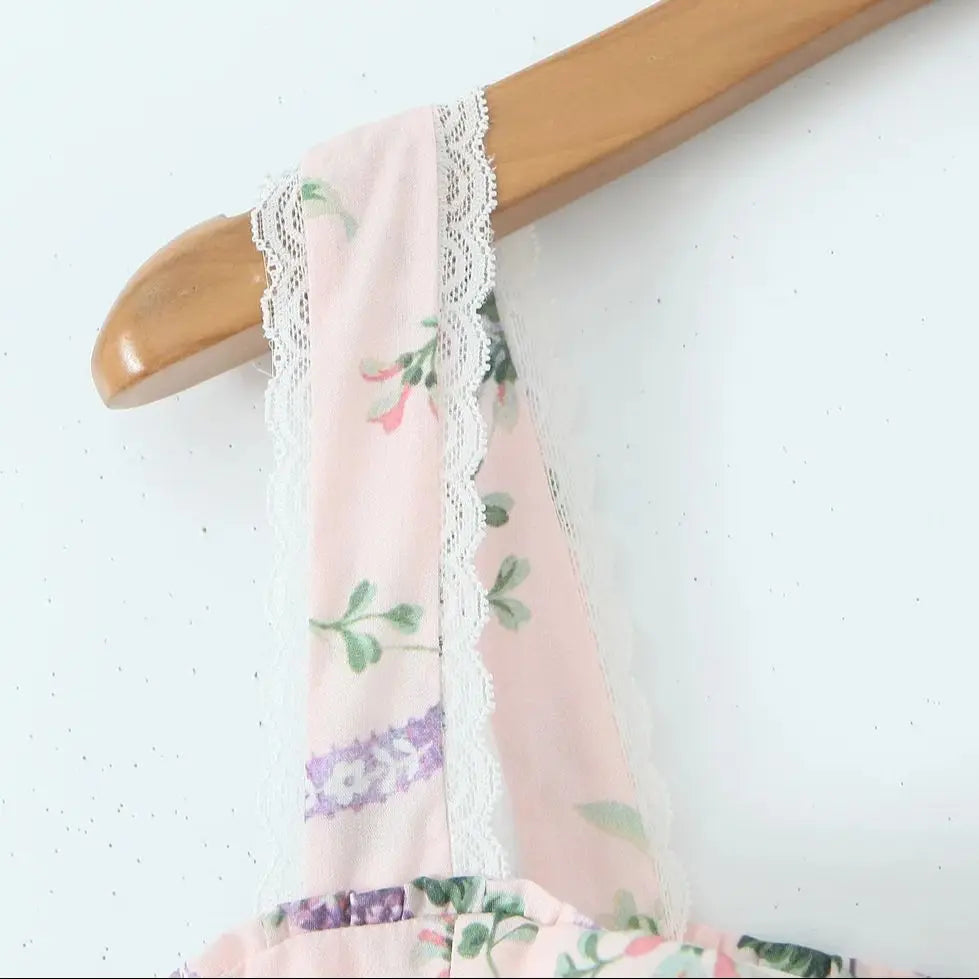 2025 Romantic Pink Floral Print Bow Ruched Bra Chest Sling Dress Women Low Waist Fold Swing Lace Lining Midi Long Dresses Robe