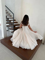 Women's Elegant Tulle Formal Dress Summer Sexy Square Neck Corset Waist A-Line Tea-Length Gown for Wedding Cocktail Party