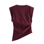 Round neck slim fit tank top with fashionable and sexy slanted edges simple pleats strapless decoration soft padded shoulder top