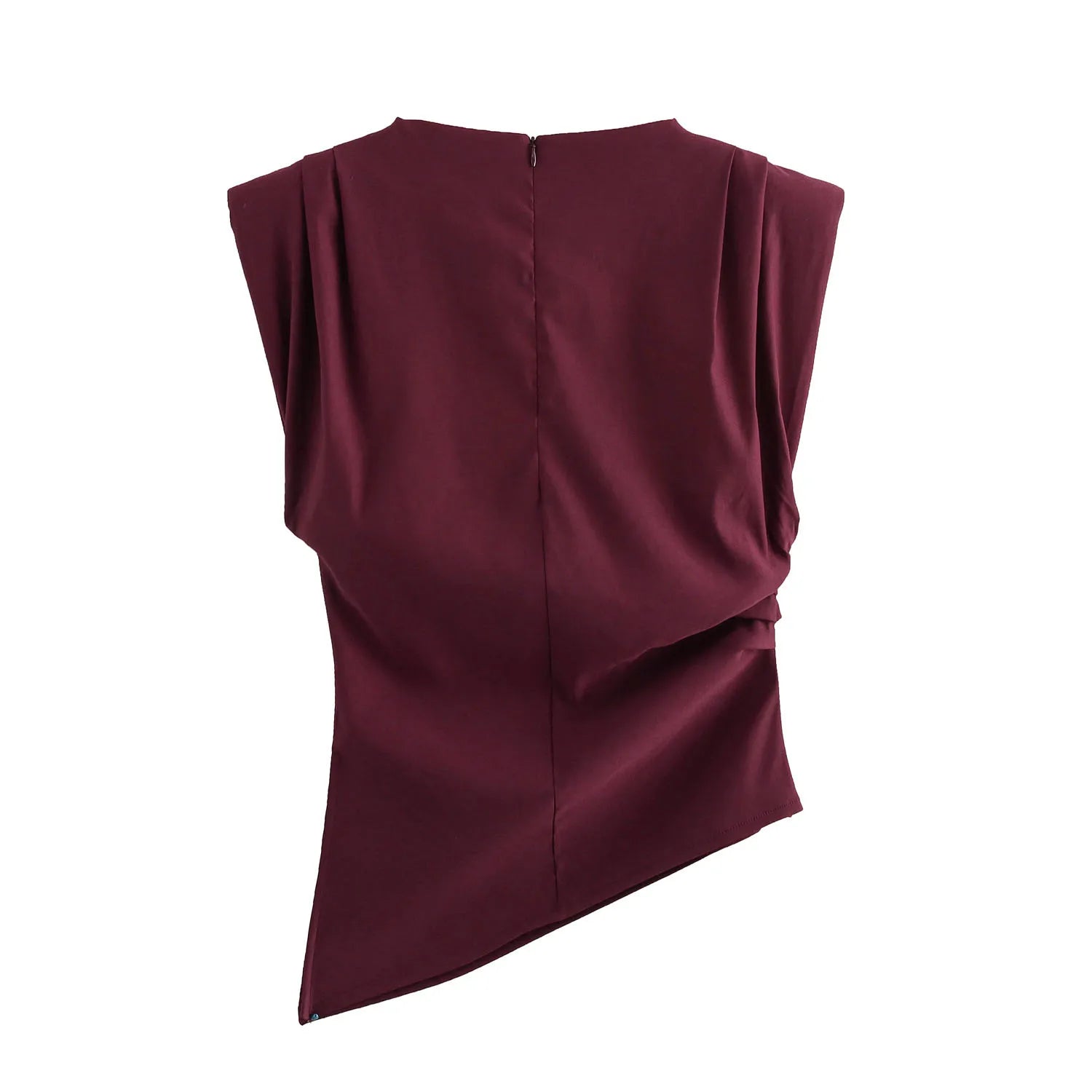 Round neck slim fit tank top with fashionable and sexy slanted edges simple pleats strapless decoration soft padded shoulder top