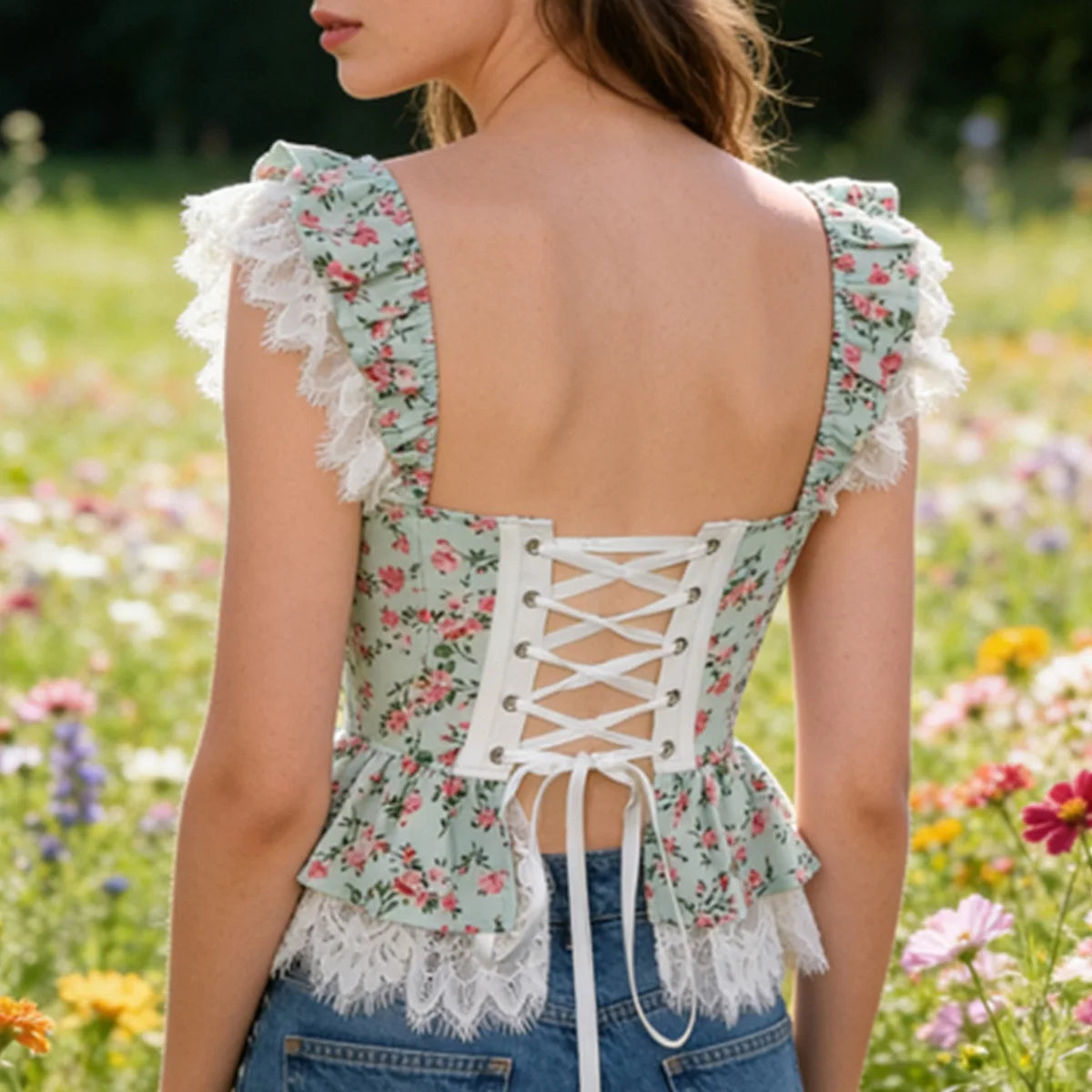 Floral Print Corset Top Ruffle Strap Lace Hem Peplum Bustier Sweet Back Lace‑Up Slim Fitted Vintage Crop Top for Ladies