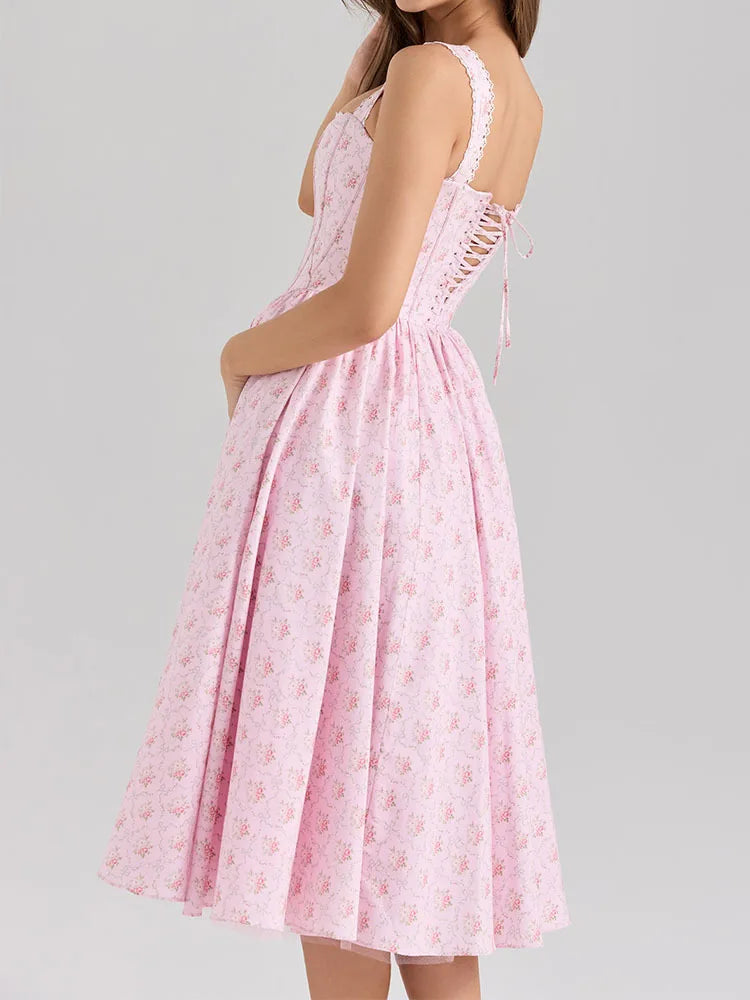 2026 girl-style daily casual floral pattern dress with open back and waist, lace trim, fashionable and elegant suspender dress.