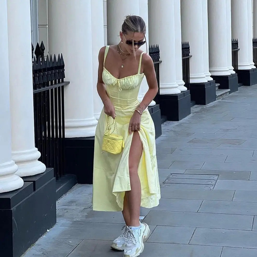 Sexy Pink Corset Midi Sun Dress Women's Lace Up Slit Dresses Female Bandage Sundress White Black Blue Yellow Red 2025 Summer New