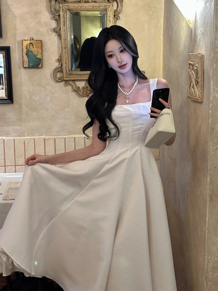 ReddaChic Backless Bow Long Women Dress Elegant Simple Square Neck Ruffle Tank Party Gown Wedding Guest Cutecore Summer Clothes