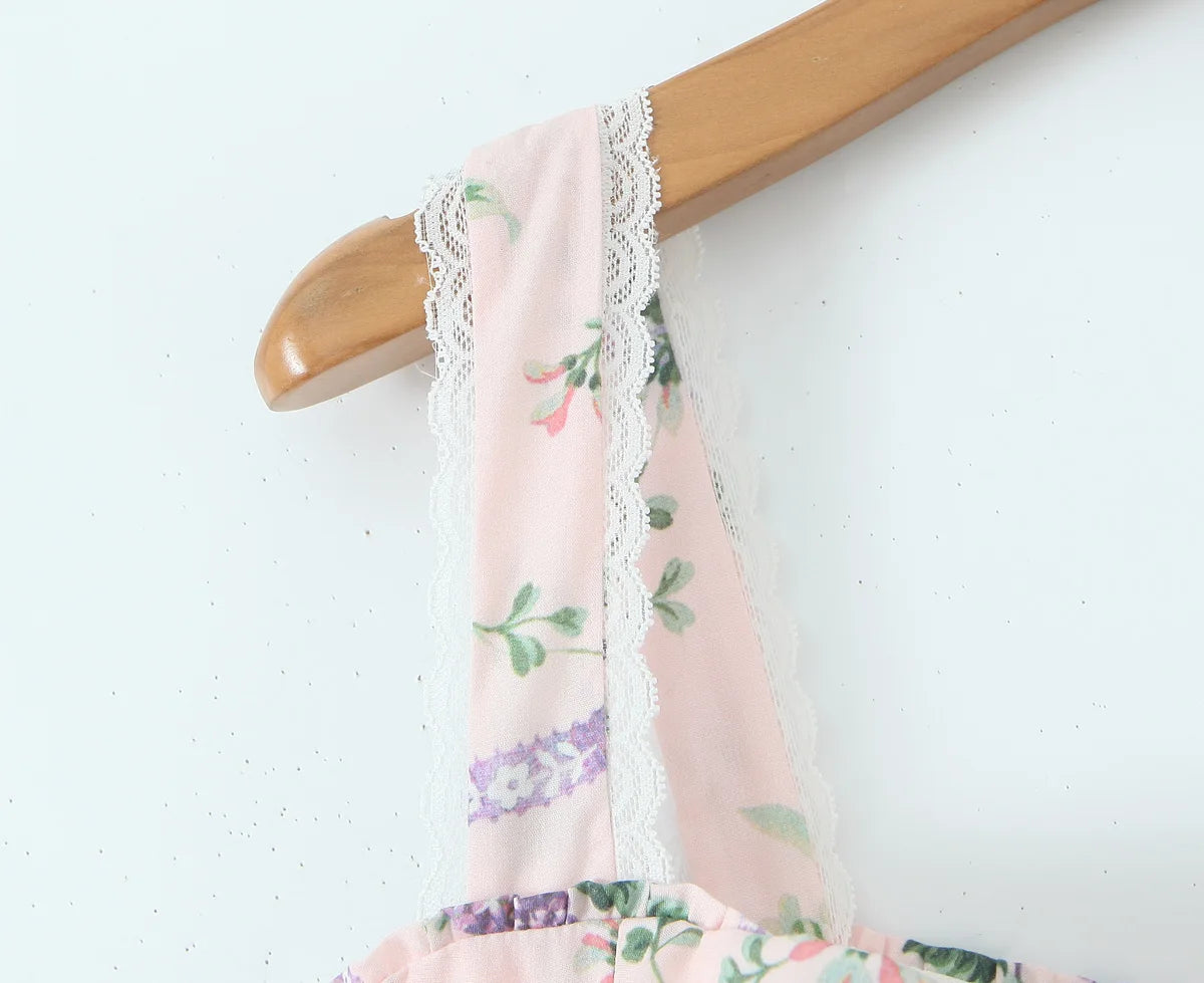 2025 Romantic Pink Floral Print Bow Ruched Bra Chest Sling Dress Women Low Waist Fold Swing Lace Lining Midi Long Dresses Robe