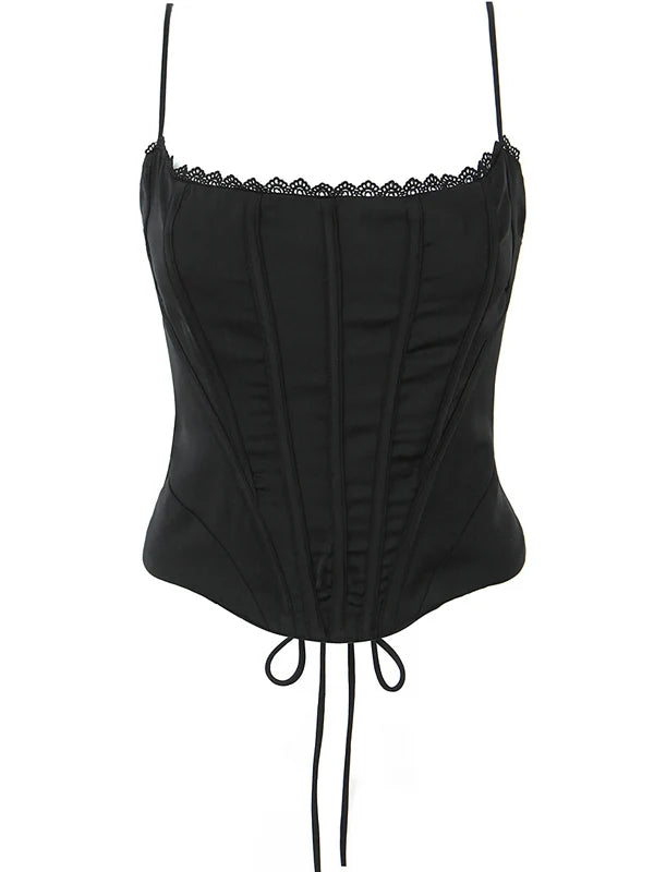Retro Black Fishbone Tie Waist Corset Women's Sexy Lace Trim Satin Strap Vest Slim Fit Polyester Short Length  Color