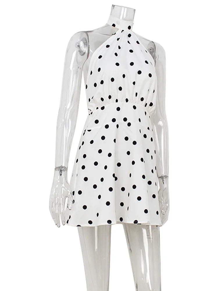 Ahagaga 2025 Summer Women's Mini Dresses Dot Halter Bandage Slim Backless Beach Style Sleeveless Skinny Female Vestidos Robes