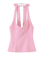 Chu Sau beauty Women New Fashion Sweet Bow Chic Sleeveless Small Tops Vintage Halter V-Neck Sexy Backless Tank Top