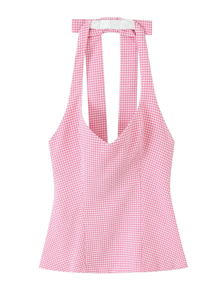 Chu Sau beauty Women New Fashion Sweet Bow Chic Sleeveless Small Tops Vintage Halter V-Neck Sexy Backless Tank Top