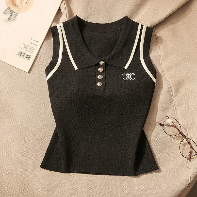Women Summer Simplicity Office Lady Solid Color Polo Collar Knitting Tank Top Ladies Fashion All-match Trend Sleeveless Tops