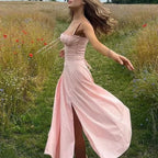 Sexy Pink Corset Midi Sun Dress Women's Lace Up Slit Dresses Female Bandage Sundress White Black Blue Yellow Red 2025 Summer New